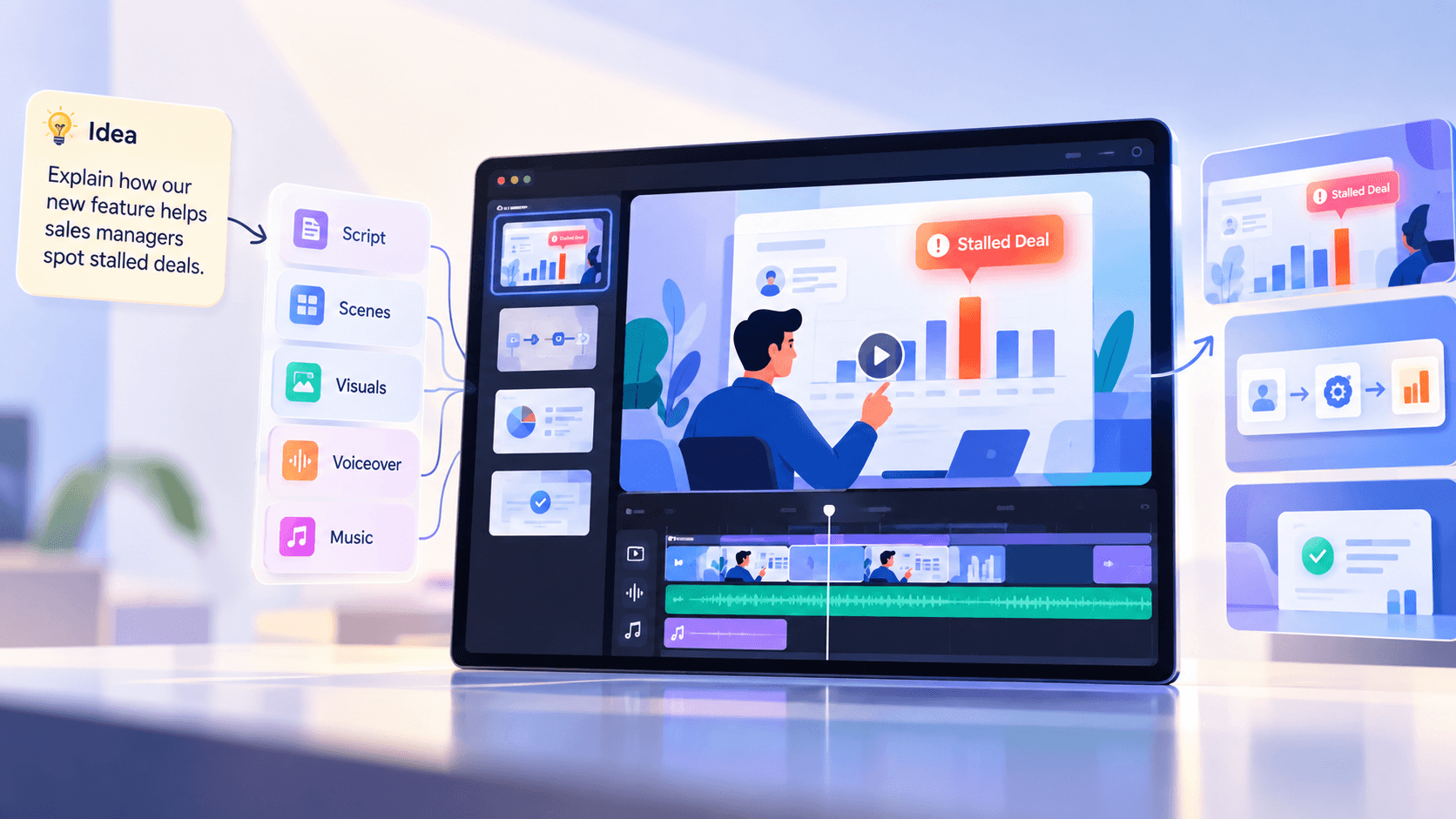 AI motion graphics workflow turning a business idea into an edited video with scripts, scenes, visuals, voiceover, and music.