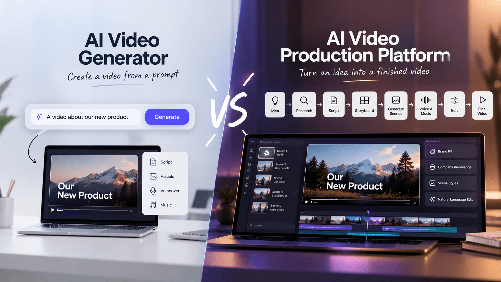 AI video generator compared with an AI video production platform, showing prompt-based video creation versus an end-to-end workflow from idea and research to editing and final video.