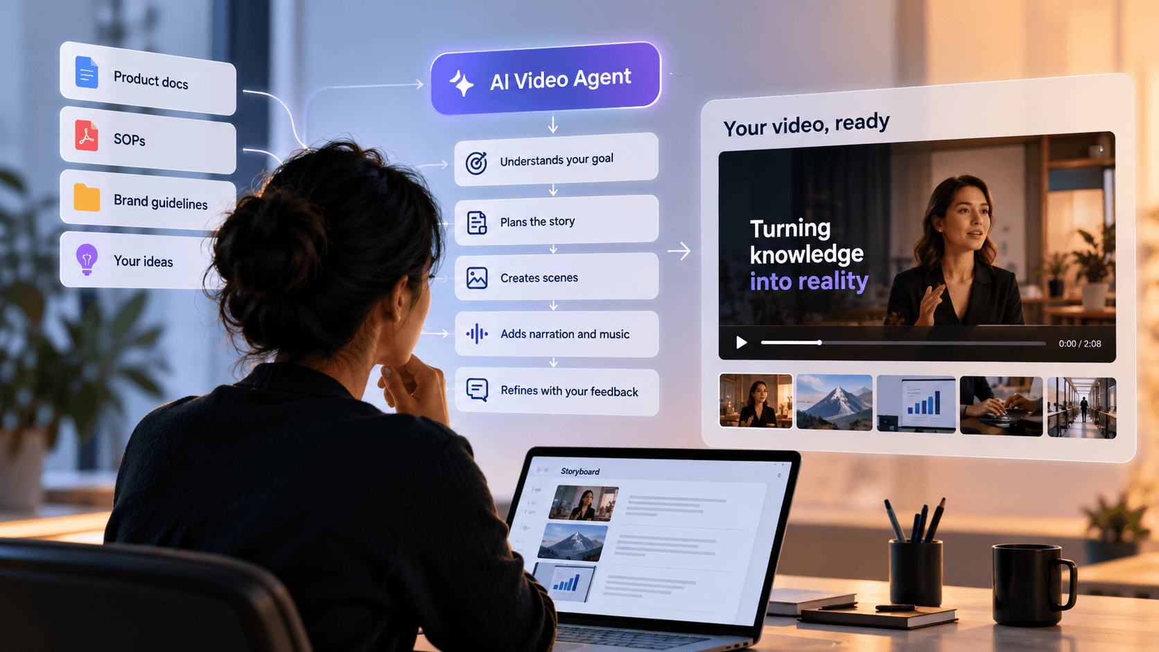 AI video agent turning product documents, SOPs, brand guidelines and ideas into a finished video through an agentic video production workflow.
