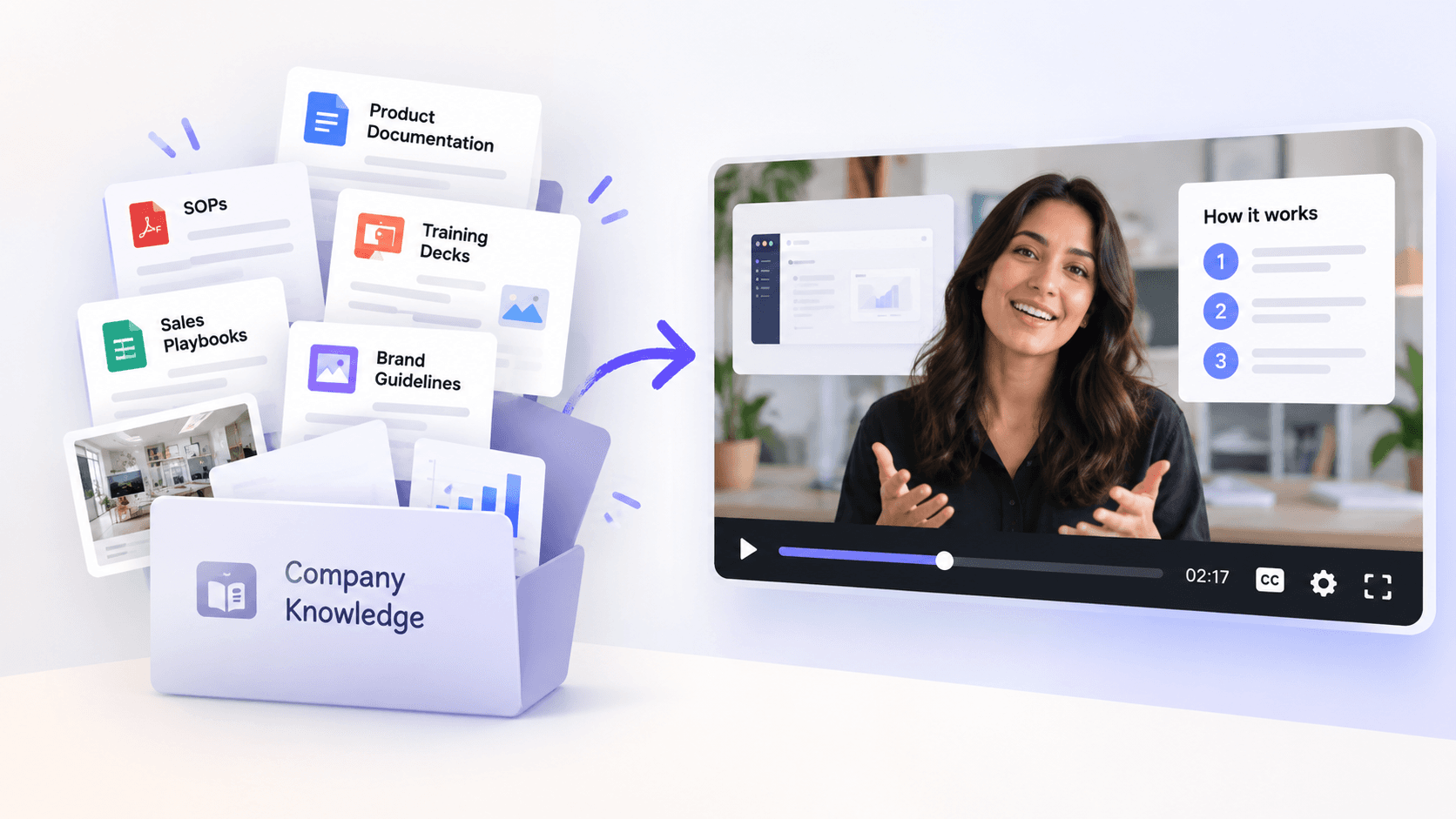 Company knowledge from SOPs, product documentation, training decks, sales playbooks, and brand guidelines being turned into a video.
