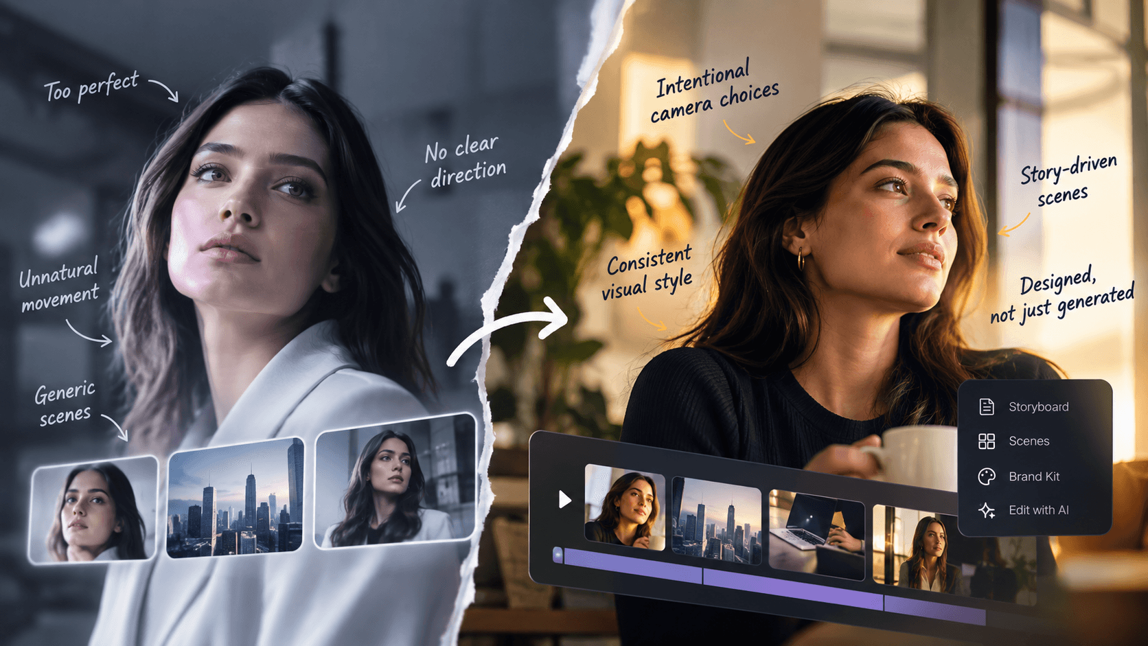 AI-generated video comparison showing generic, overly polished scenes versus realistic, intentionally designed video with consistent visuals and creative direction.
