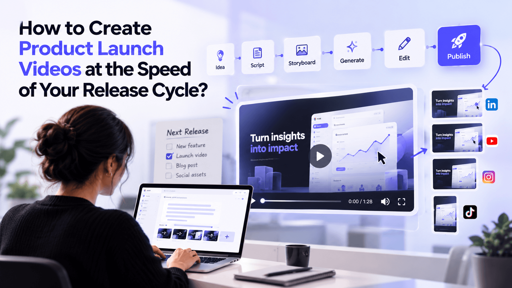 Product marketer using an AI video production platform to create product launch videos, from scripting and storyboarding to publishing.